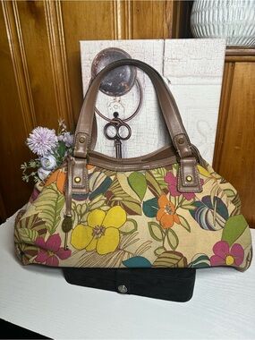 Fossil Multicolor Floral Canvas Shoulder Bag with Brown Trim